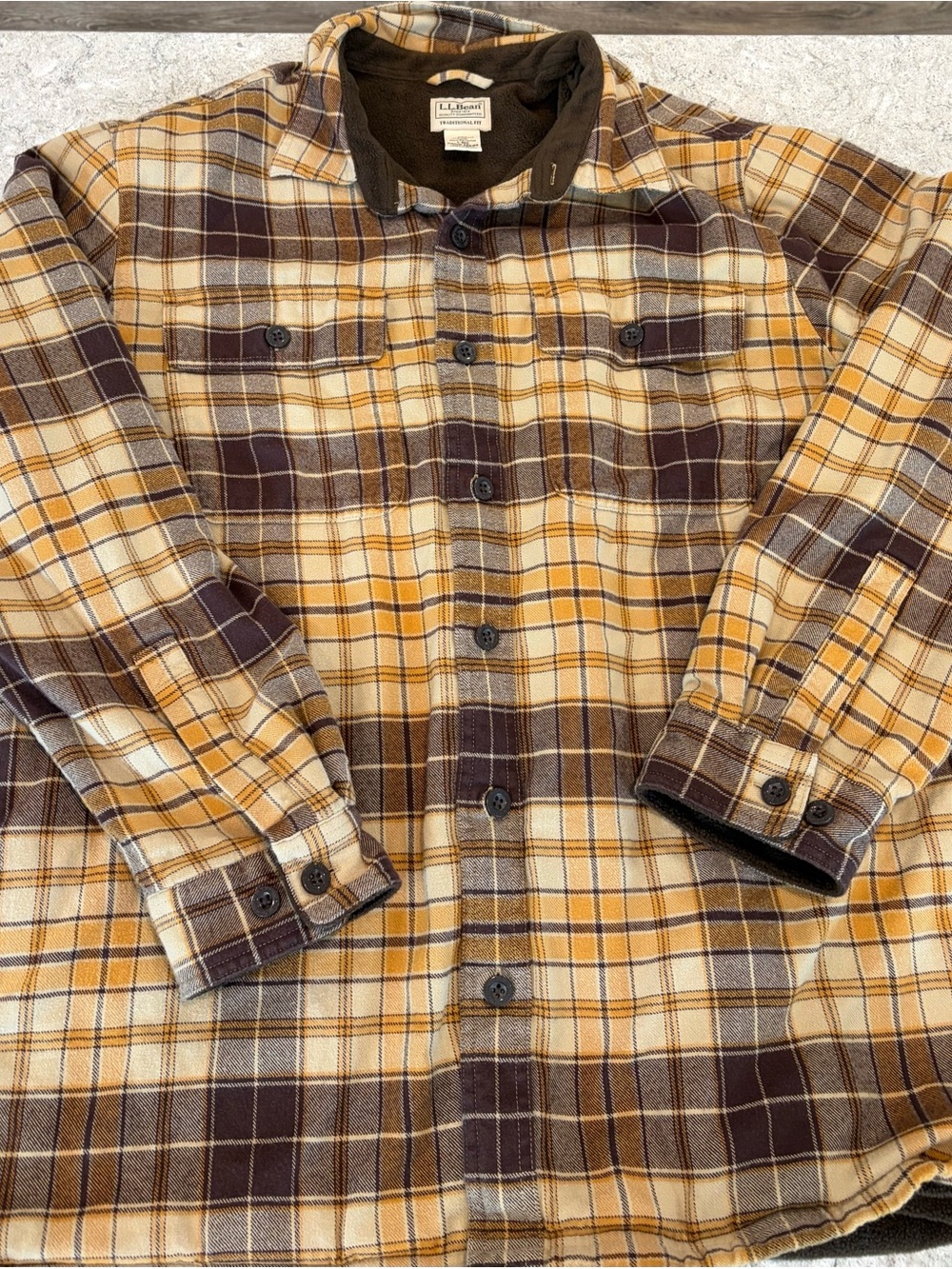 L.L. Bean Men's Yellow and Brown Flannel Plaid Fleece Lined Button-Down Shirt-Lg